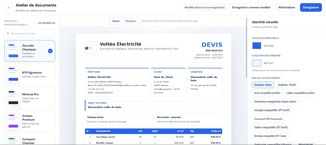 Atelier Ouvralis permettant de choisir le modèle, le logo, les couleurs et la police d’un devis